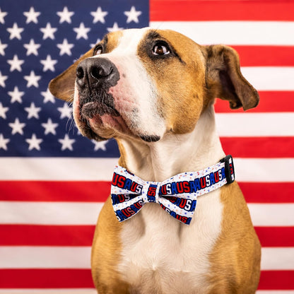 Patriotic 4th of July Dog Collar with Removable Bow Tie - Adjustable Red, White & Blue USA Stars for All Dog Sizes