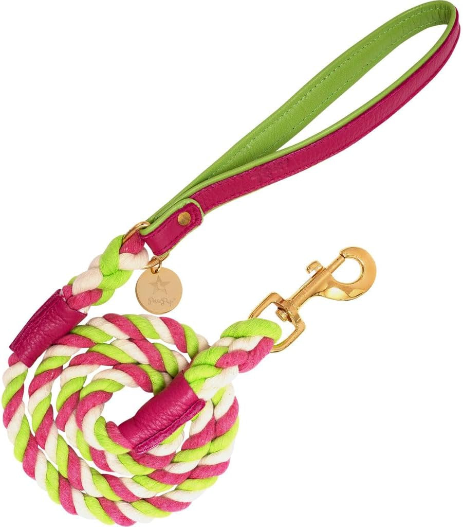 5Ft Braided Cotton Rope Leash with Soft Padded Genuine Leather Handle for Dogs - Handmade Comfort & Cute - Orange | Blue