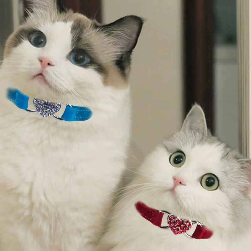 Heart Shaped Cat Collar with Bell Safety Elastic Adjustable Collar Soft Velvet Cat Crystal Collar for Kitten Puppy Pet Supplies