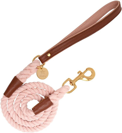 5Ft Braided Cotton Rope Leash with Soft Padded Genuine Leather Handle for Dogs - Handmade Comfort & Cute - Orange | Blue