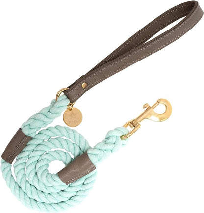 5Ft Braided Cotton Rope Leash with Soft Padded Genuine Leather Handle for Dogs - Handmade Comfort & Cute - Orange | Blue