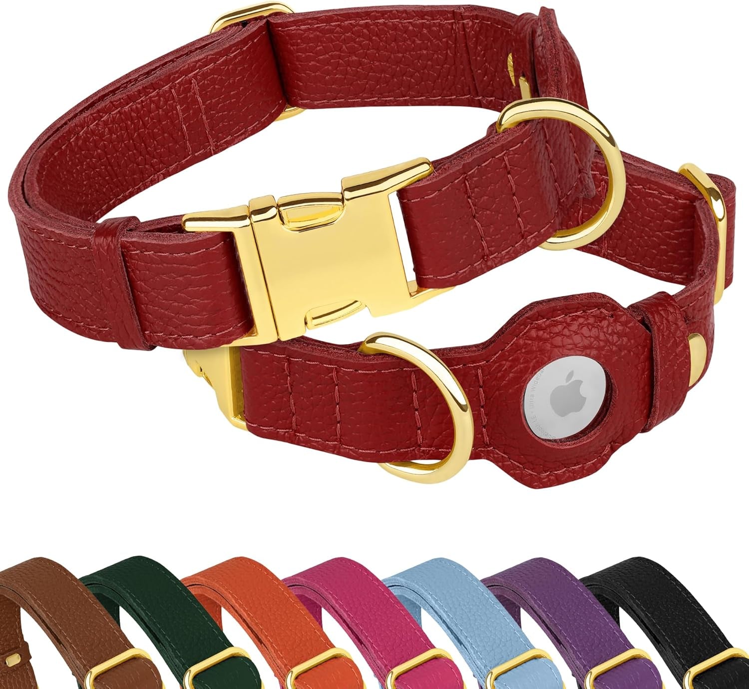 Leather Airtag Dog Collar - Soft Tracking Dog Collar with Apple Airtag Holder and Metal Buckle - Safety GPS Pet Collars for Small Medium Large Dogs Puppy Pink Red (Purple, XS, 9"-12" Neck Fit)