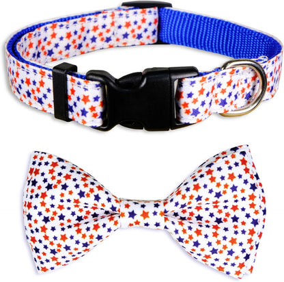 Patriotic 4th of July Dog Collar with Removable Bow Tie - Adjustable Red, White & Blue USA Stars for All Dog Sizes