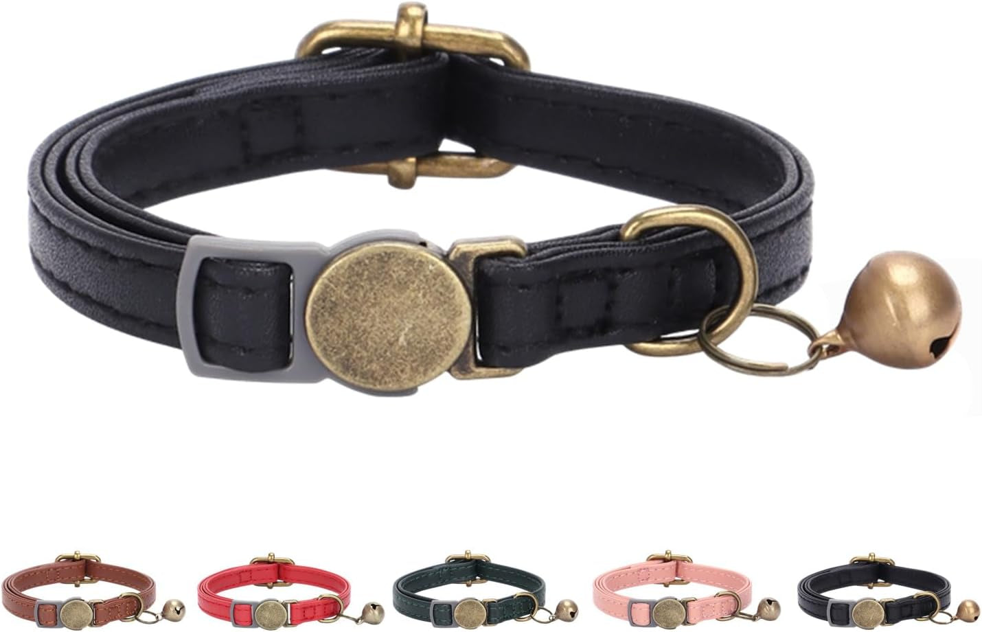 Leather Cat Collar with Bell Breakaway- Adjustable, Durable, Retro Bell Fit Most Cats and Kittens (Brown)