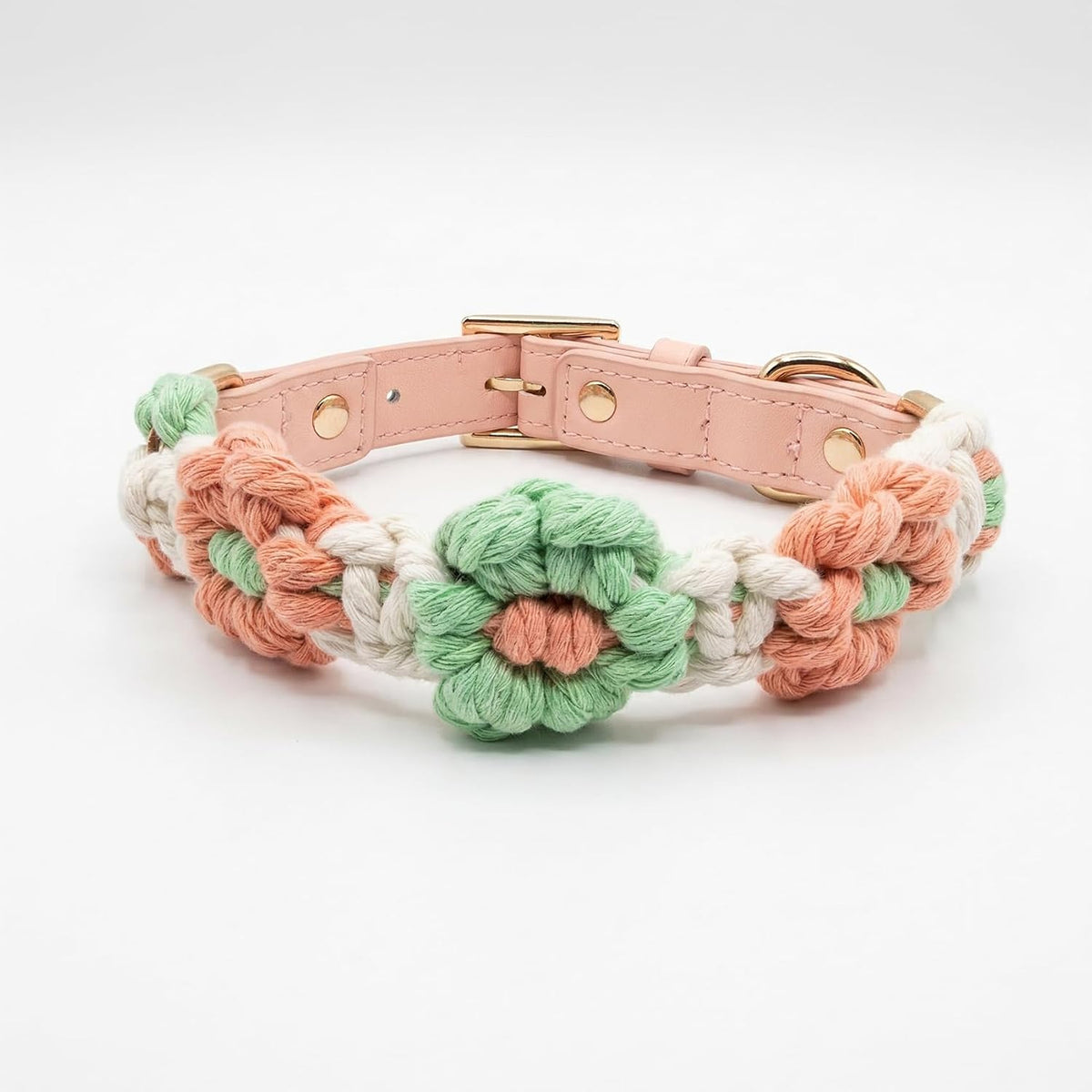 Chic Hand-Knitted Flower Dog Collar - Durable Leather with Adjustable Metal Buckle for All Sizes (Brown, L 15-19In)