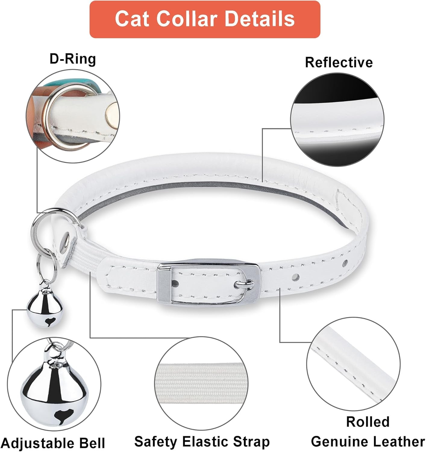 Rolled Leather Cat Collar with Bell, Reflective Kitten Collars with Buckle Include Safety Elastic Strap - Adjustable Small Pet Collars for Boy Girl Cats (White)