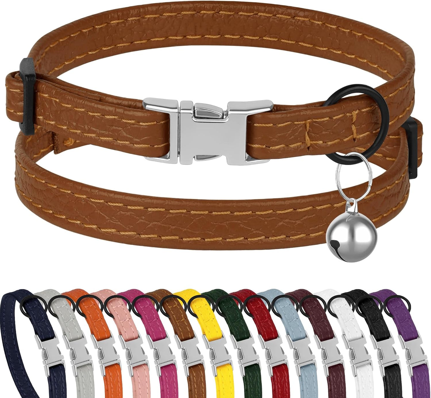 Leather Cat Collar with Buckle and Removable Bell - Non Breakaway Adjustable Soft Safety Small Pet Collars for Girl Boy Cats Kitten (Black)