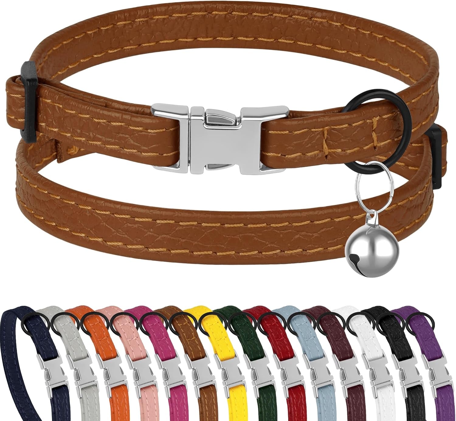 Leather Cat Collar with Buckle and Removable Bell - Non Breakaway Adjustable Soft Safety Small Pet Collars for Girl Boy Cats Kitten (Black)