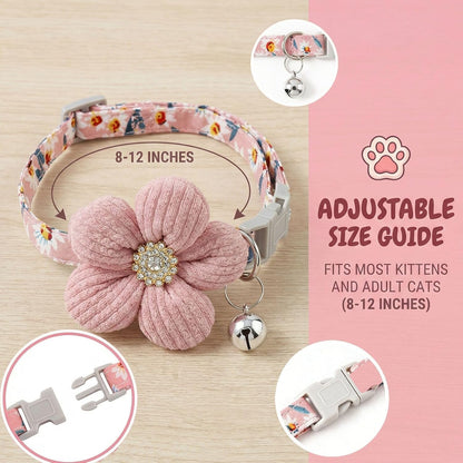 Cute Flower Cat Collar with Bell, Breakaway Safety Buckle, Soft Adjustable Floral Pet Collar for Kitten Cats, 4 Color Options (Gray, Yellow, Burgundy, Pink)