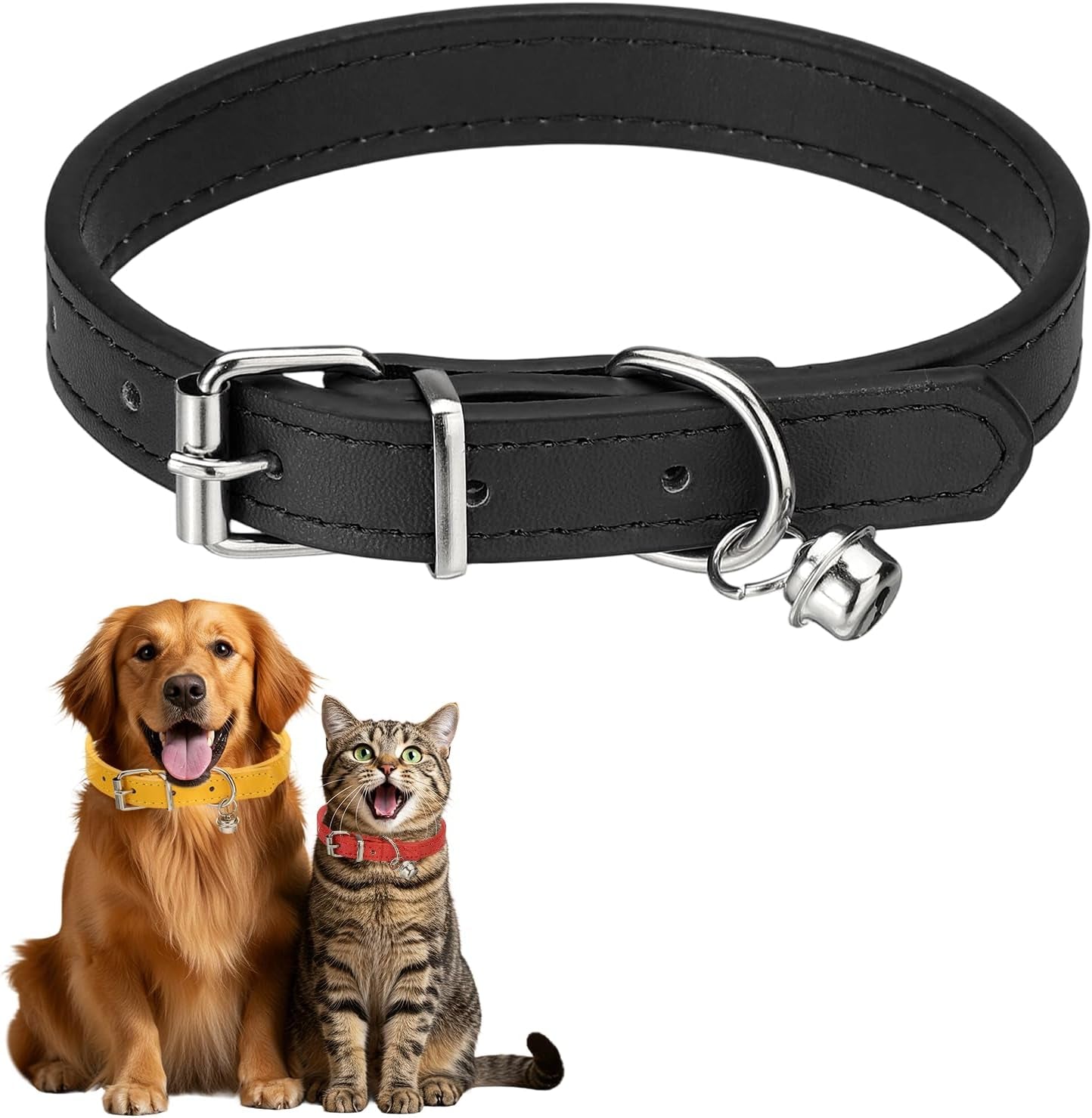 Dog Collar with Bell, Pu Leather Cat Collars Pet Basic Soft Padded Adjustable Buckle, 14.5" (Blue, 1 Pcs), Intended for Teacup/Little Dog/Kitten Cats/Small Animals