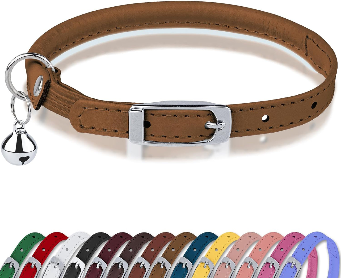 Rolled Leather Cat Collar with Bell, Reflective Kitten Collars with Buckle Include Safety Elastic Strap - Adjustable Small Pet Collars for Boy Girl Cats (White)