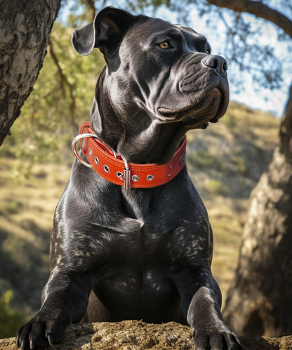 Leather Dog Collar, 2 Inches Wide Heavy Duty Genuine Leather Collars, Handmade, Soft, and Luxury, Eye-Catching Best Choice for Large and Medium Breed Dogs, Orange 18.5-22.5 In