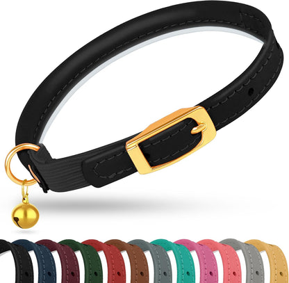 Rolled Leather Cat Collar with Bell - Reflective Kitten Collar with Safety Elastic Strap - Adjustable Small Pet Collars for Boy Girl Cats (Fuchsia)