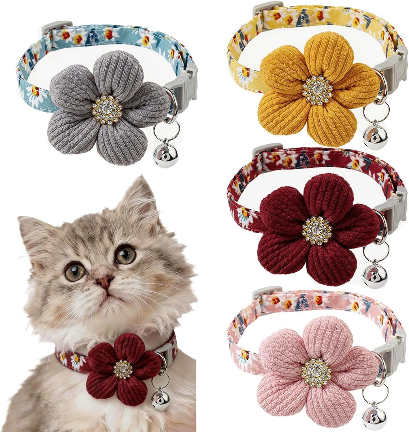 Cute Flower Cat Collar with Bell, Breakaway Safety Buckle, Soft Adjustable Floral Pet Collar for Kitten Cats, 4 Color Options (Gray, Yellow, Burgundy, Pink)