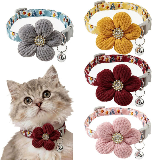 Cute Flower Cat Collar with Bell, Breakaway Safety Buckle, Soft Adjustable Floral Pet Collar for Kitten Cats, 4 Color Options (Gray, Yellow, Burgundy, Pink)