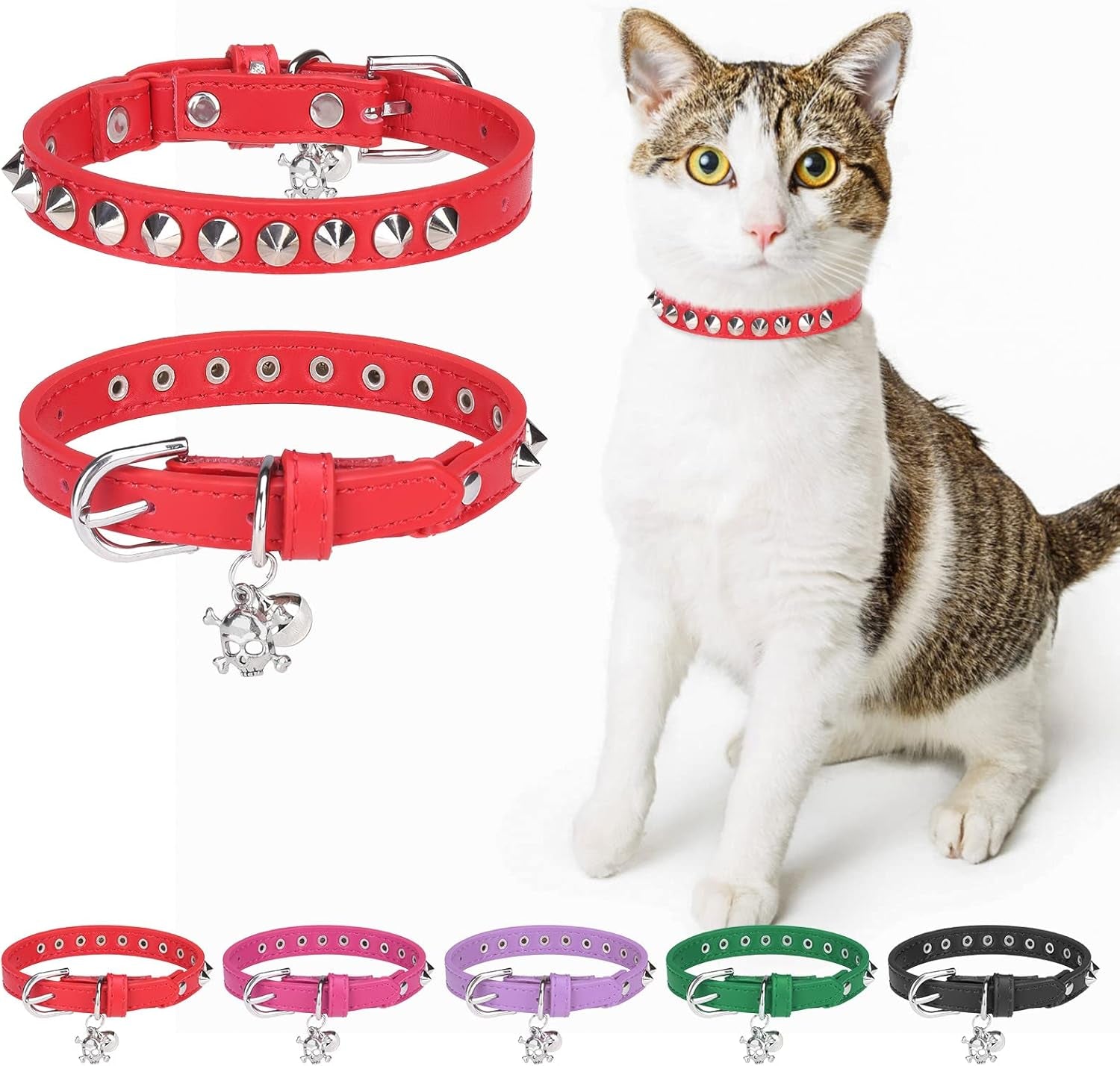 Leather Cat Collars for Boy Girl Cats with Bell and Safety Elastic Belt, Personalized Star and Moon Stud Adjustable Safe Buckle Collar for Kitty Small Big Cats Size 7-9 Inch, Black