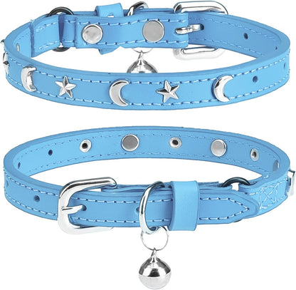 Leather Cat Collars for Boy Girl Cats with Bell and Safety Elastic Belt, Personalized Star and Moon Stud Adjustable Safe Buckle Collar for Kitty Small Big Cats Size 7-9 Inch, Black