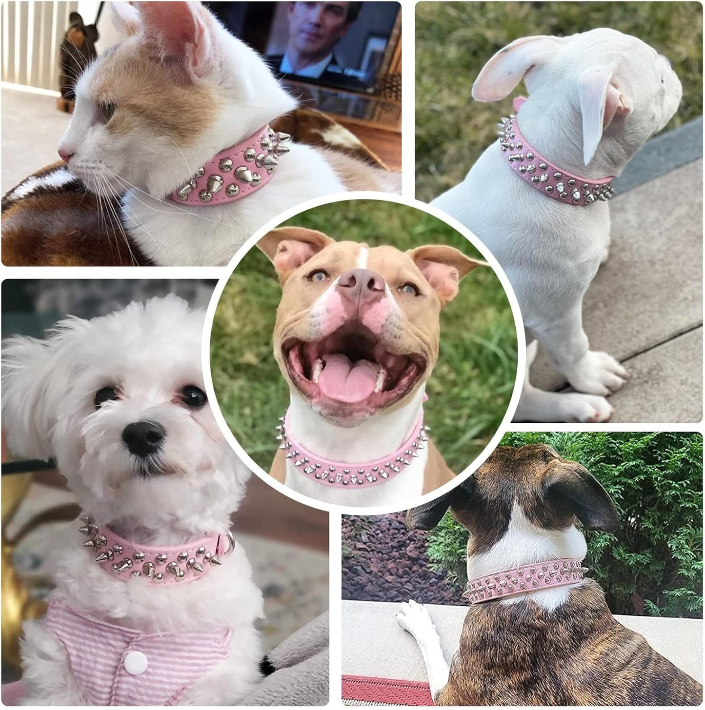Small Pink Spiked Dog Cat Collar for Small Medium Dogs Girl Female - Adjustable Studded Puppy Collars - Soft Padded Punk Leather Dog Collar for Chihuahua French Bulldog Pug (Pink,L)