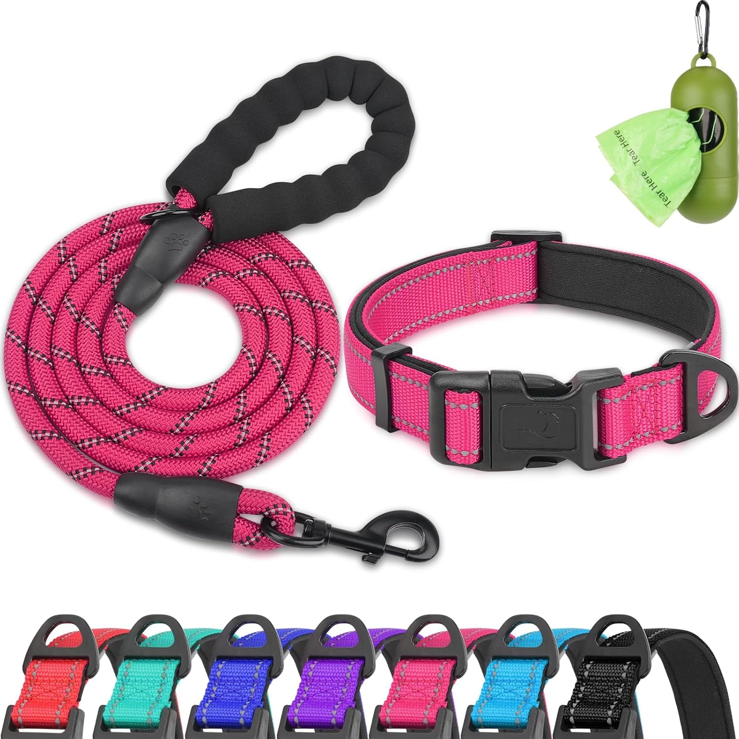 Reflective Dog Collar and Leash Set, 6FT Strong Climbing Rope Leash with Padded Handle, Adjustable Pet Collar with Soft Neoprene Padding for Large Dogs, Teal, L