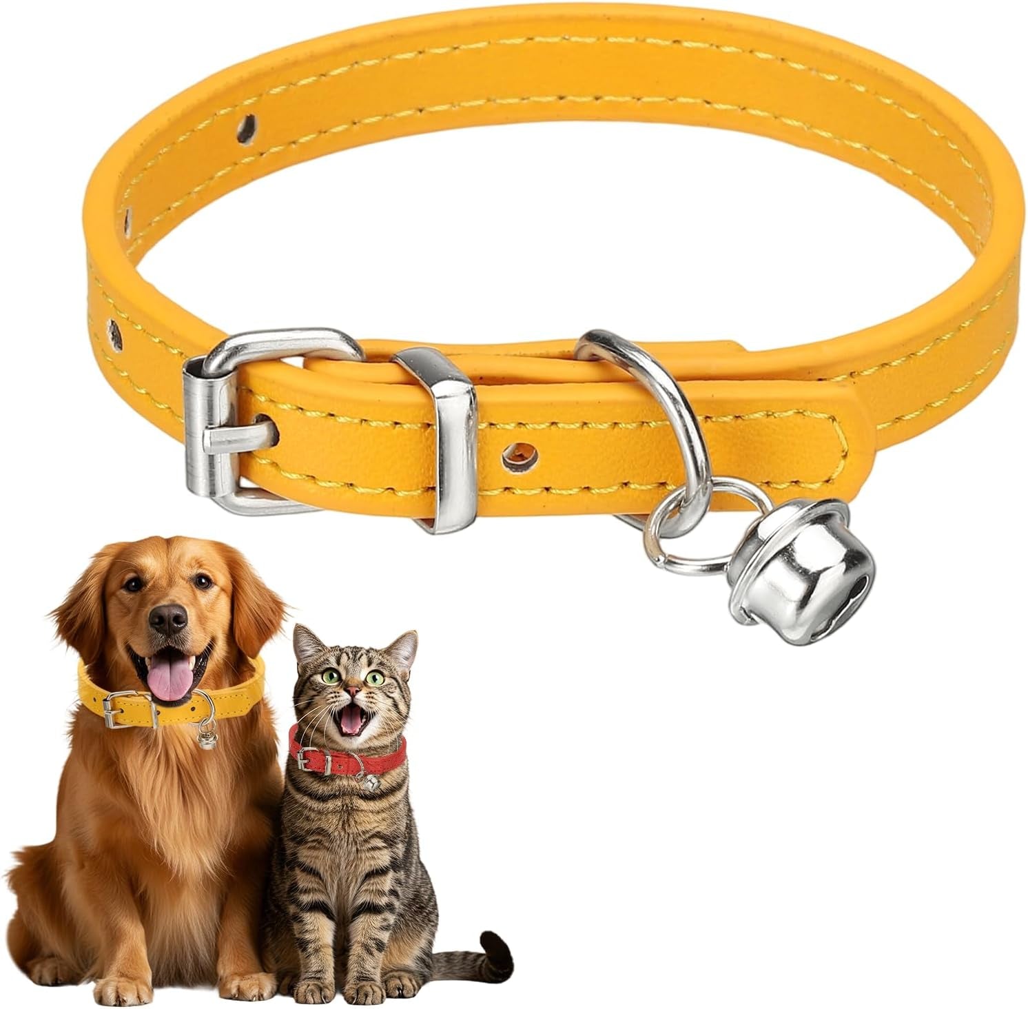 Dog Collar with Bell, Pu Leather Cat Collars Pet Basic Soft Padded Adjustable Buckle, 14.5" (Blue, 1 Pcs), Intended for Teacup/Little Dog/Kitten Cats/Small Animals