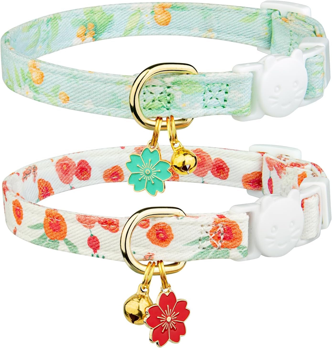 2 Pack Cotton Breakaway Cat Collar Pink Strawberries and White Heart Shaped Pendant Cute Kitten Cat Collar with Bell