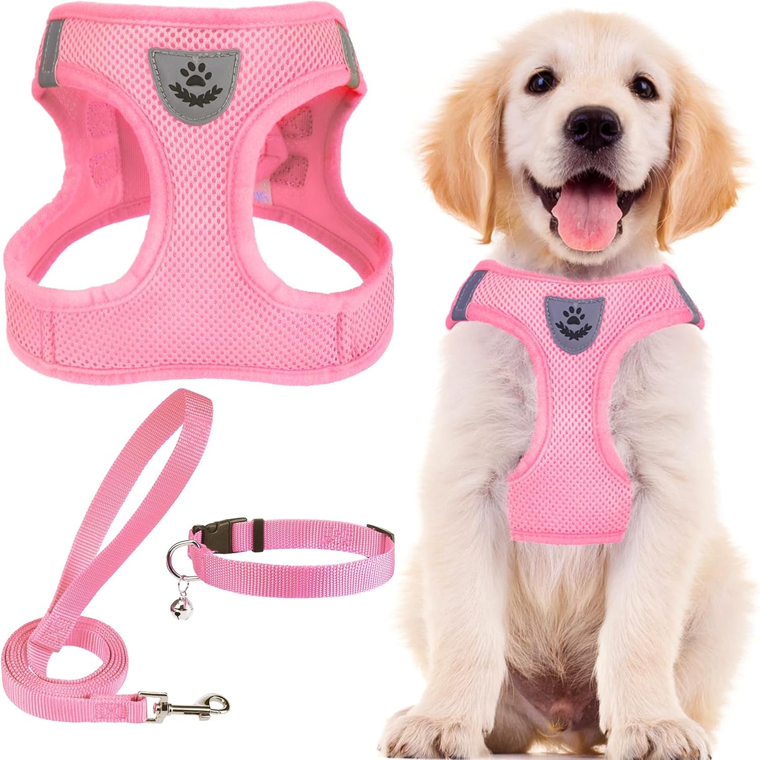 Adjustable Pet Harness Collar &Leash Set Step in for Small Dogs Puppy &Cats Outdoor Training &Running, Soft Mesh Padded Reflective Vest Harness,M: Chest Girth: 16-18In Collar: 11.8-15.7In