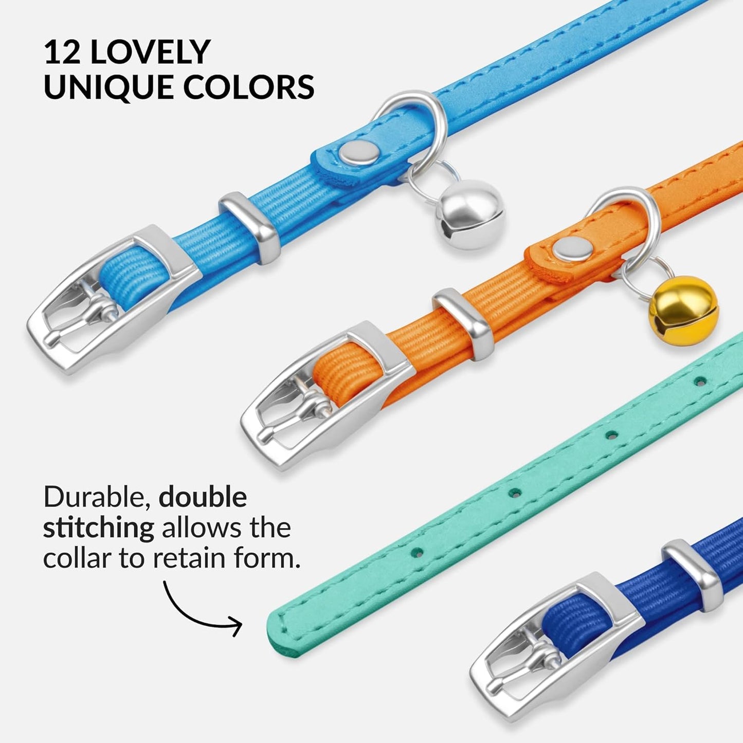 Leather Cat Collar with Removable Bell – Safety Elastic Strap (Breakaway Alternative) – Kitten Collar for Small & Big Boy & Girl Cats