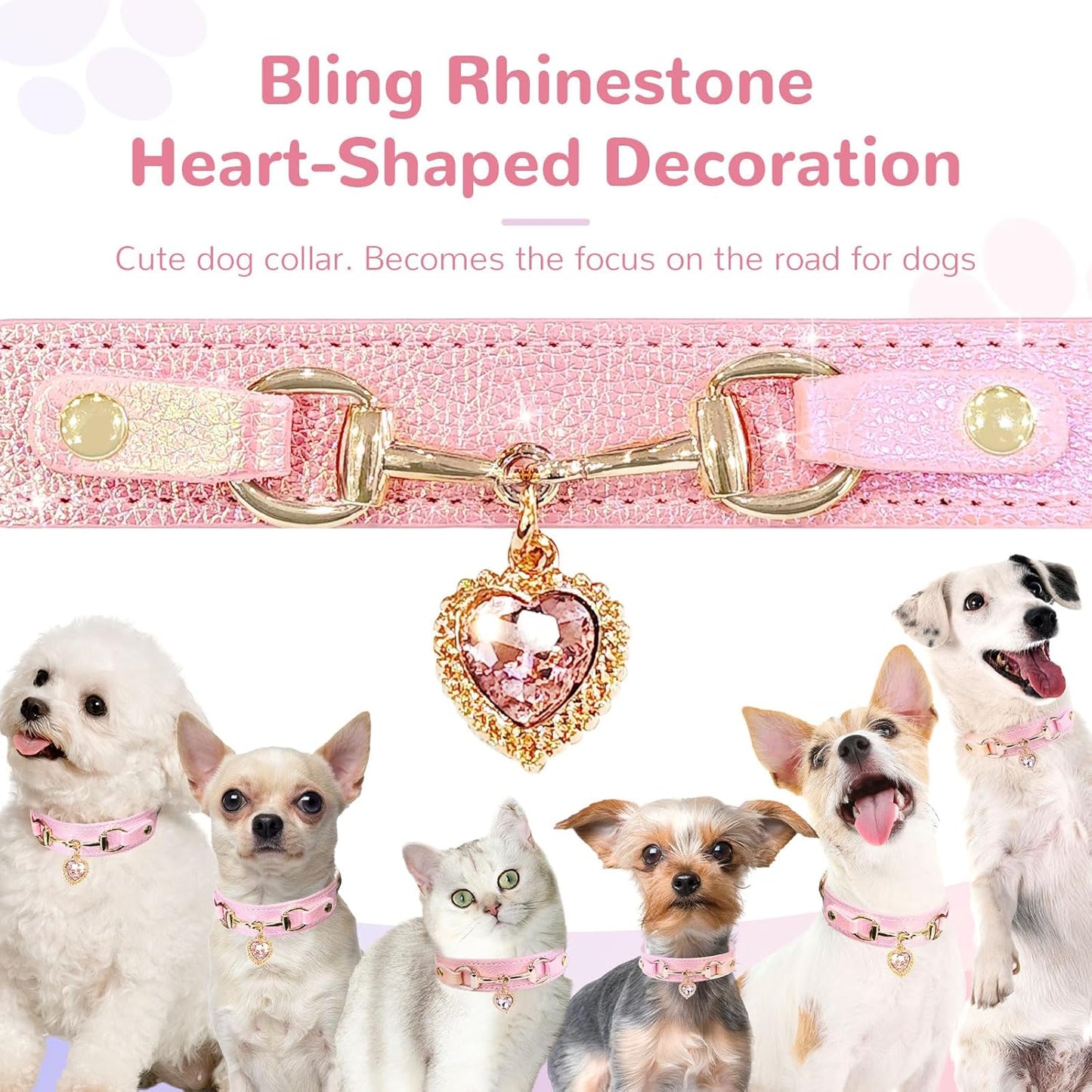 Cute Small Dog Cat Collar, Unique PU Leather - Bling Sparkle in the Sunlit, Puppy Collars with Rhinestone Heart Pendant, Pet Dog Necklace Collar Chihuahua (Pink, XS (Neck 8"-10"))