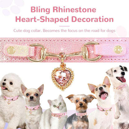 Cute Small Dog Cat Collar, Unique PU Leather - Bling Sparkle in the Sunlit, Puppy Collars with Rhinestone Heart Pendant, Pet Dog Necklace Collar Chihuahua (Pink, XS (Neck 8"-10"))
