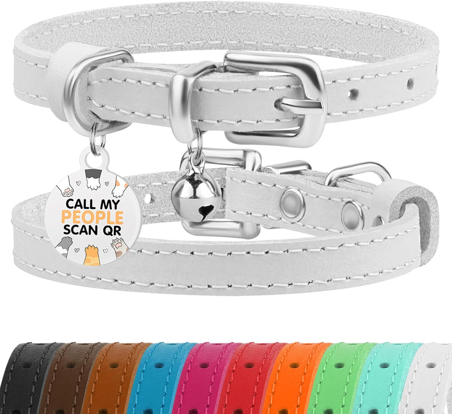 Leather Cat Collar with Removable Bells Non Breakaway Kitten QR Tag for Girl Boy (7" - 9" for Cats, Purple & Gold)