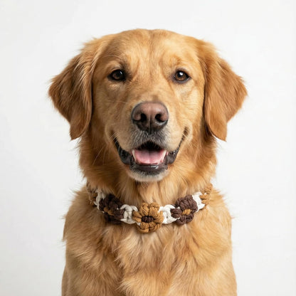 Chic Hand-Knitted Flower Dog Collar - Durable Leather with Adjustable Metal Buckle for All Sizes (Brown, L 15-19In)