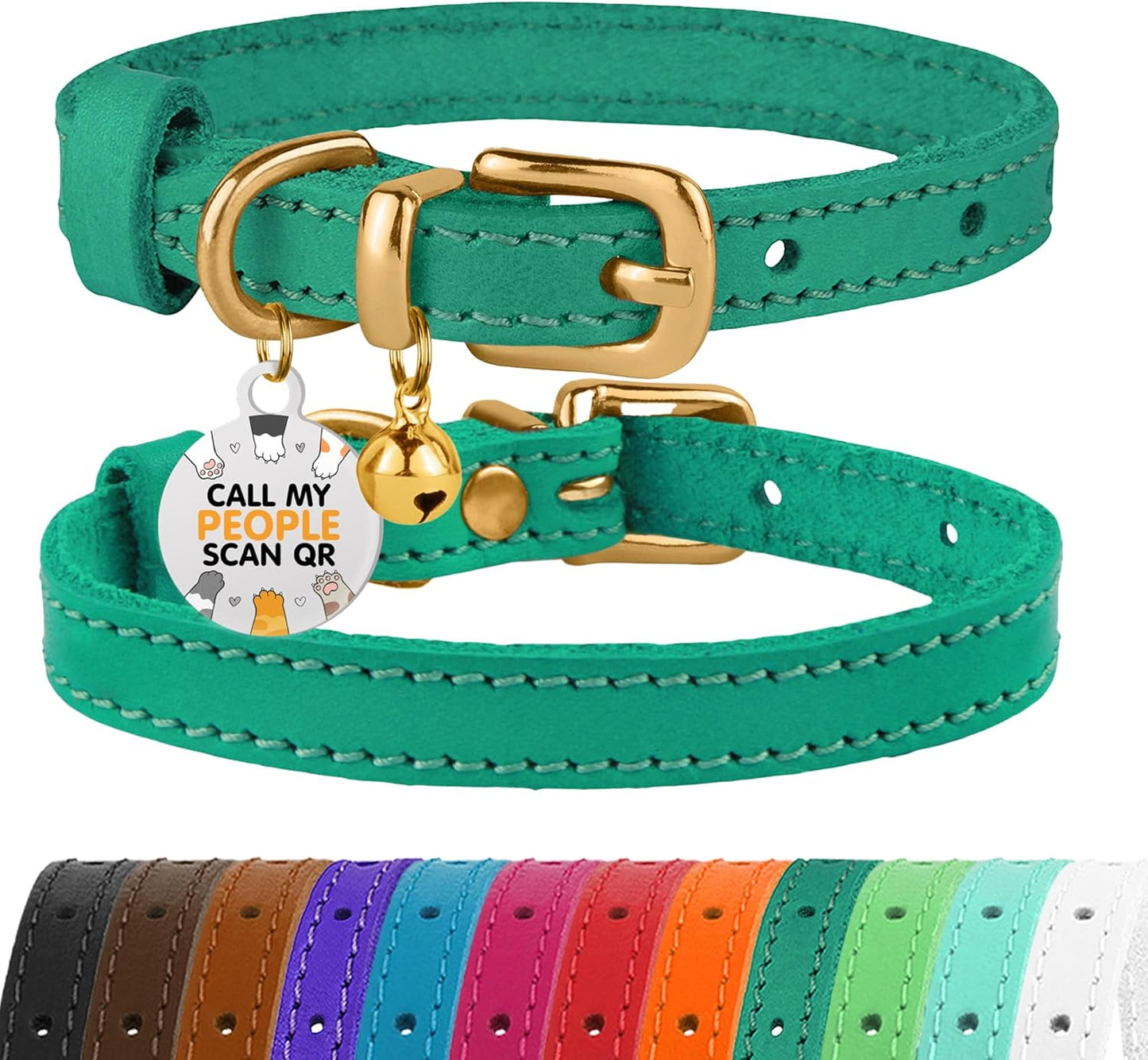 Leather Cat Collar with Removable Bells Non Breakaway Kitten QR Tag for Girl Boy (7" - 9" for Cats, Purple & Gold)