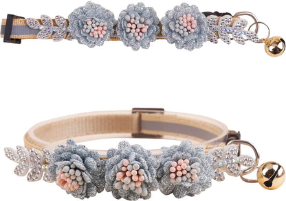 2 Pack Cat Collar Pink Floral with Bell and Removable Flower Bowtie Breakaway Adjustable Cat Collar for Girl Kitten Puppy Small Cats Dogs Daily Decoration (XQ8-3)