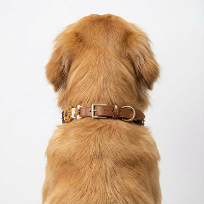Chic Hand-Knitted Flower Dog Collar - Durable Leather with Adjustable Metal Buckle for All Sizes (Brown, L 15-19In)