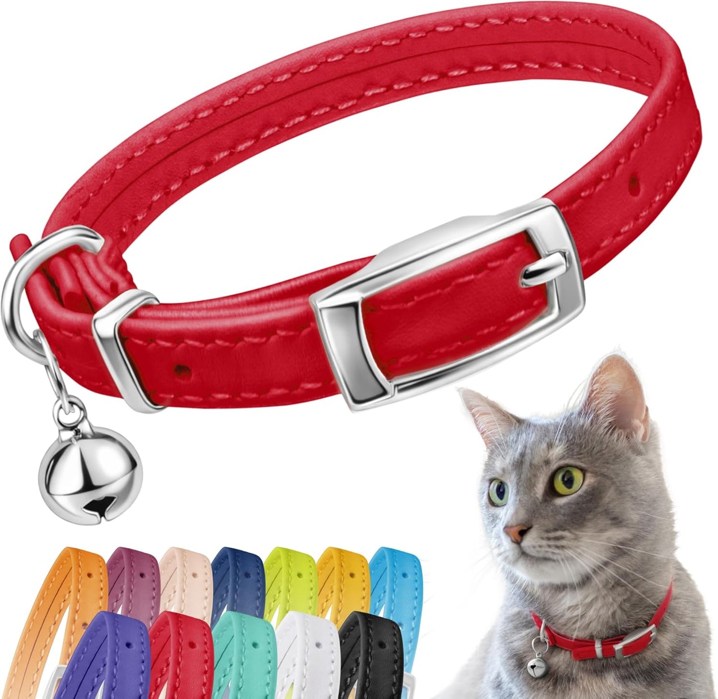 Leather Cat Collar with Removable Bell – Safety Elastic Strap (Breakaway Alternative) – Kitten Collar for Small & Big Boy & Girl Cats