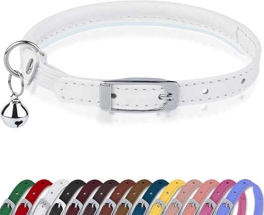 Rolled Leather Cat Collar with Bell, Reflective Kitten Collars with Buckle Include Safety Elastic Strap - Adjustable Small Pet Collars for Boy Girl Cats (White)