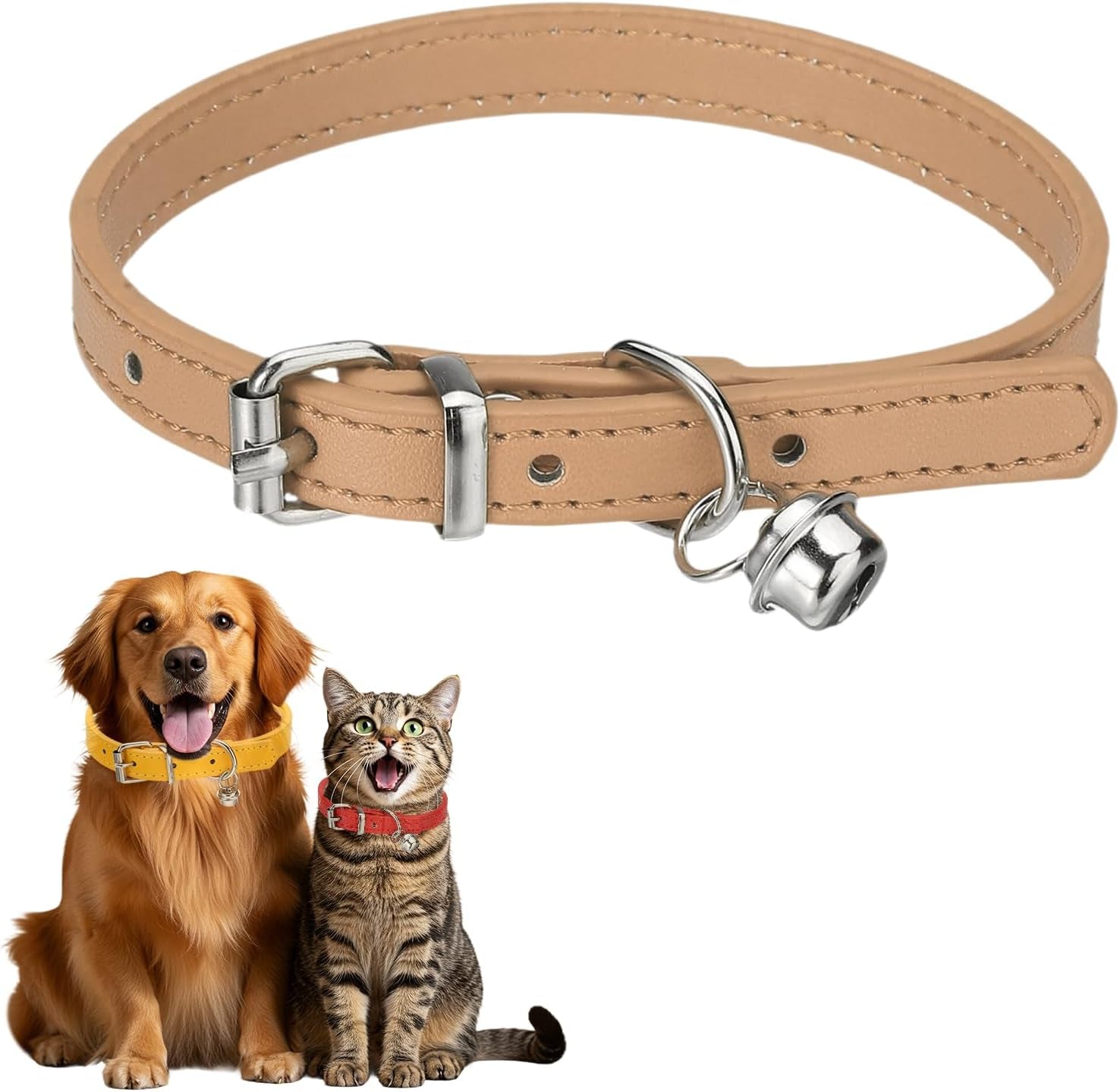 Dog Collar with Bell, Pu Leather Cat Collars Pet Basic Soft Padded Adjustable Buckle, 14.5" (Blue, 1 Pcs), Intended for Teacup/Little Dog/Kitten Cats/Small Animals