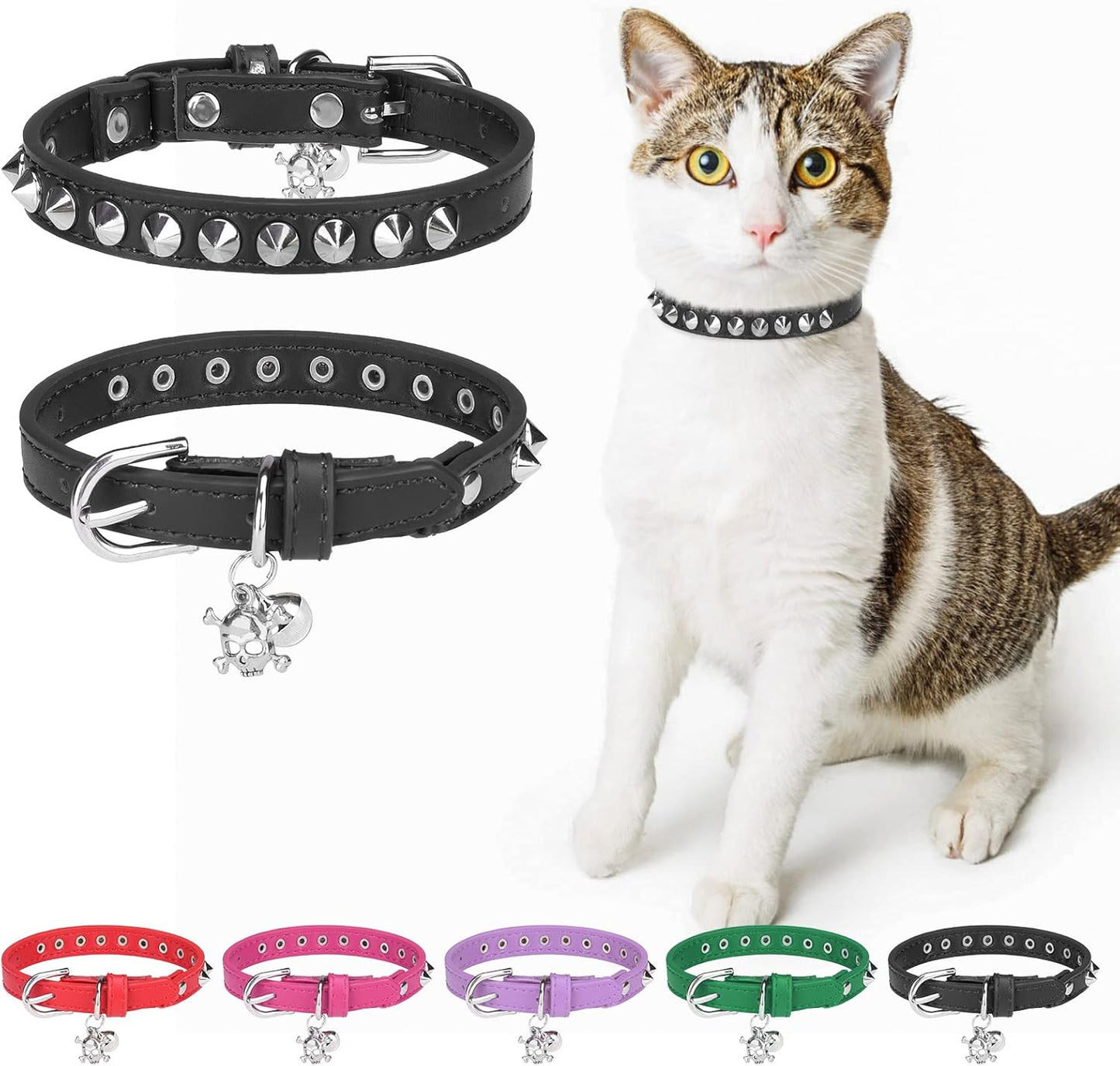 Leather Cat Collars for Boy Girl Cats with Bell and Safety Elastic Belt, Personalized Star and Moon Stud Adjustable Safe Buckle Collar for Kitty Small Big Cats Size 7-9 Inch, Black