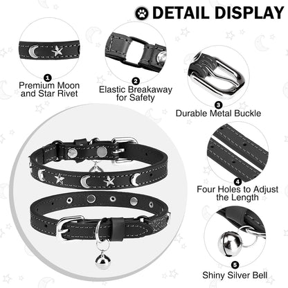Leather Cat Collars for Boy Girl Cats with Bell and Safety Elastic Belt, Personalized Star and Moon Stud Adjustable Safe Buckle Collar for Kitty Small Big Cats Size 7-9 Inch, Black