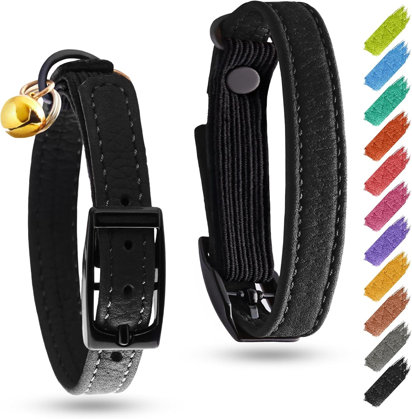 Leather Cat Collar with Bell and Safety Elastic Strap Breakaway Alternative for Small & Large Kittens, Stylish Pet Leather Collar for Boy, Girl Cats with Metal Buckle & QR ID Tag (Green)
