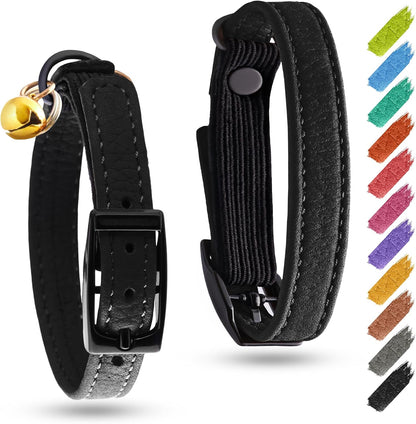 Leather Cat Collar with Bell and Safety Elastic Strap Breakaway Alternative for Small & Large Kittens, Stylish Pet Leather Collar for Boy, Girl Cats with Metal Buckle & QR ID Tag (Green)