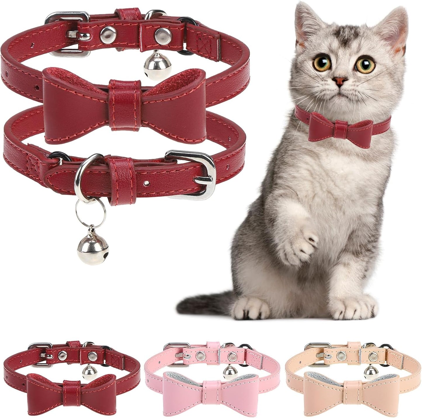 Leather Cat Collars for Boy Girl Cats with Bell and Safety Elastic Belt, Personalized Love and Fish Stud Adjustable Safe Buckle Collar for Kitty Small Big Cats Size 8-11 Inch, Black