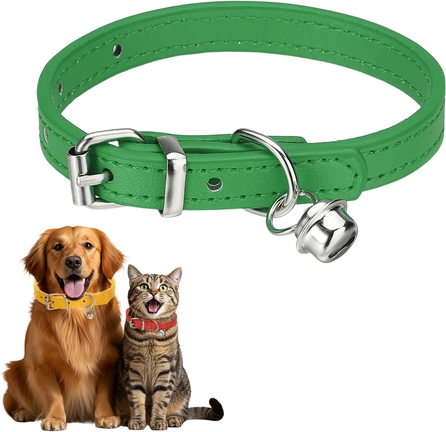 Dog Collar with Bell, Pu Leather Cat Collars Pet Basic Soft Padded Adjustable Buckle, 14.5" (Blue, 1 Pcs), Intended for Teacup/Little Dog/Kitten Cats/Small Animals