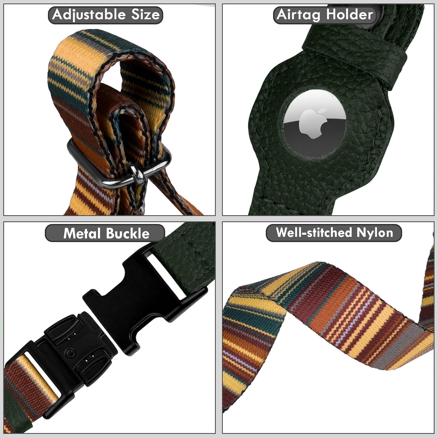 Airtag Dog Collar with Metal Buckle - Printed Nylon Soft Leather Dog Collar with Apple Airtag Holder - Secure Tracking GPS Pet Collars for Girl Boy Small Large Dogs (L, 17"-21" Neck Fit, Striped)