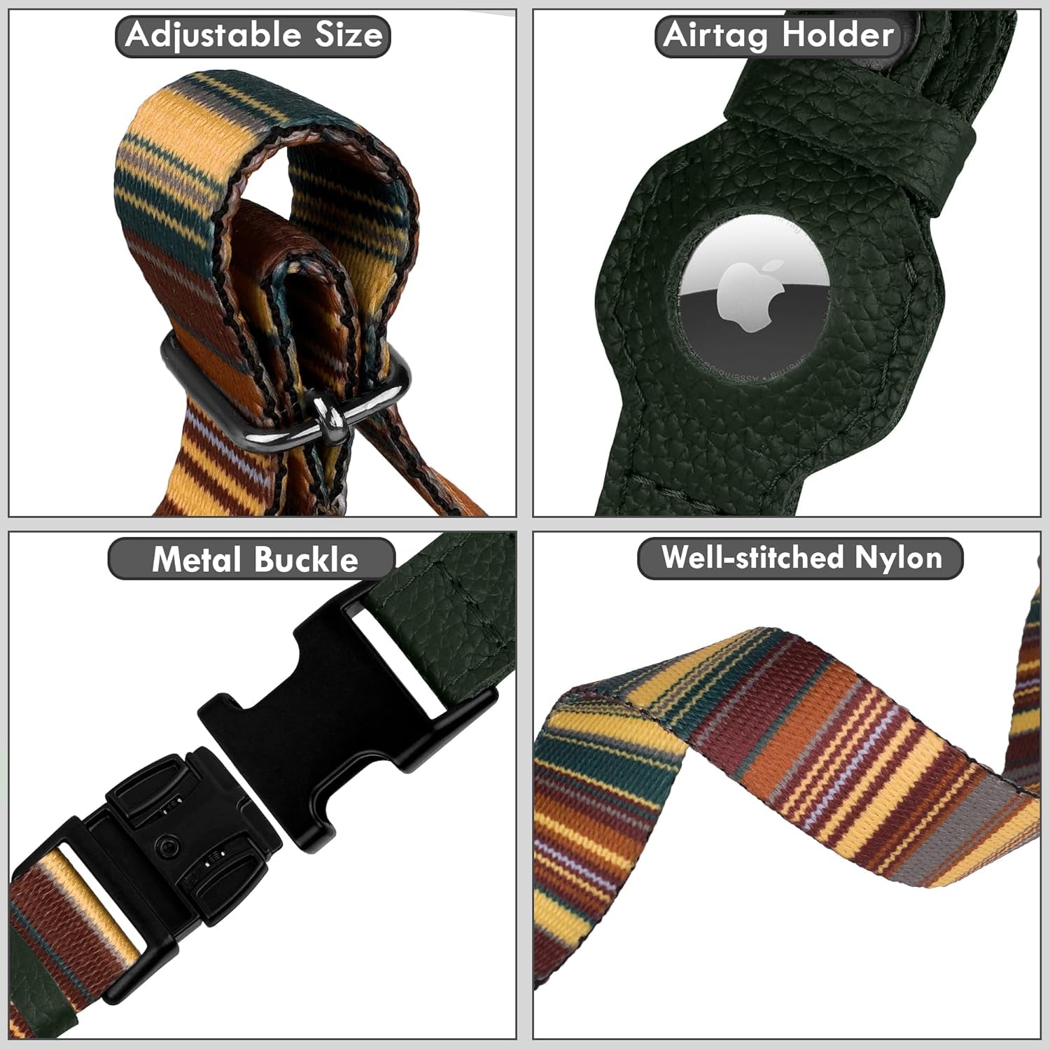 Airtag Dog Collar with Metal Buckle - Printed Nylon Soft Leather Dog Collar with Apple Airtag Holder - Secure Tracking GPS Pet Collars for Girl Boy Small Large Dogs (L, 17"-21" Neck Fit, Striped)