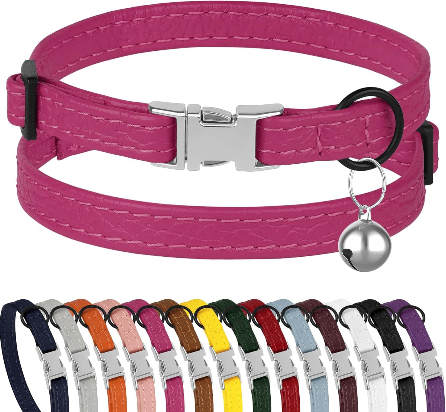 Leather Cat Collar with Buckle and Removable Bell - Non Breakaway Adjustable Soft Safety Small Pet Collars for Girl Boy Cats Kitten (Black)