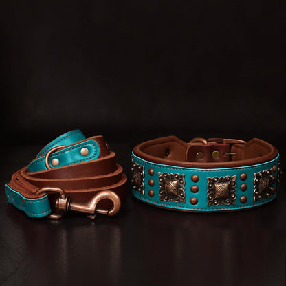 Soft Padded Leather Dog Collar, 2 Inch Wide Genuine Leather Dog Collars with Stylish Studded Rivet & Metal Buckle, Luxury & Adjustable Pet Collars for Medium Dogs,Green,Neck 16-19"