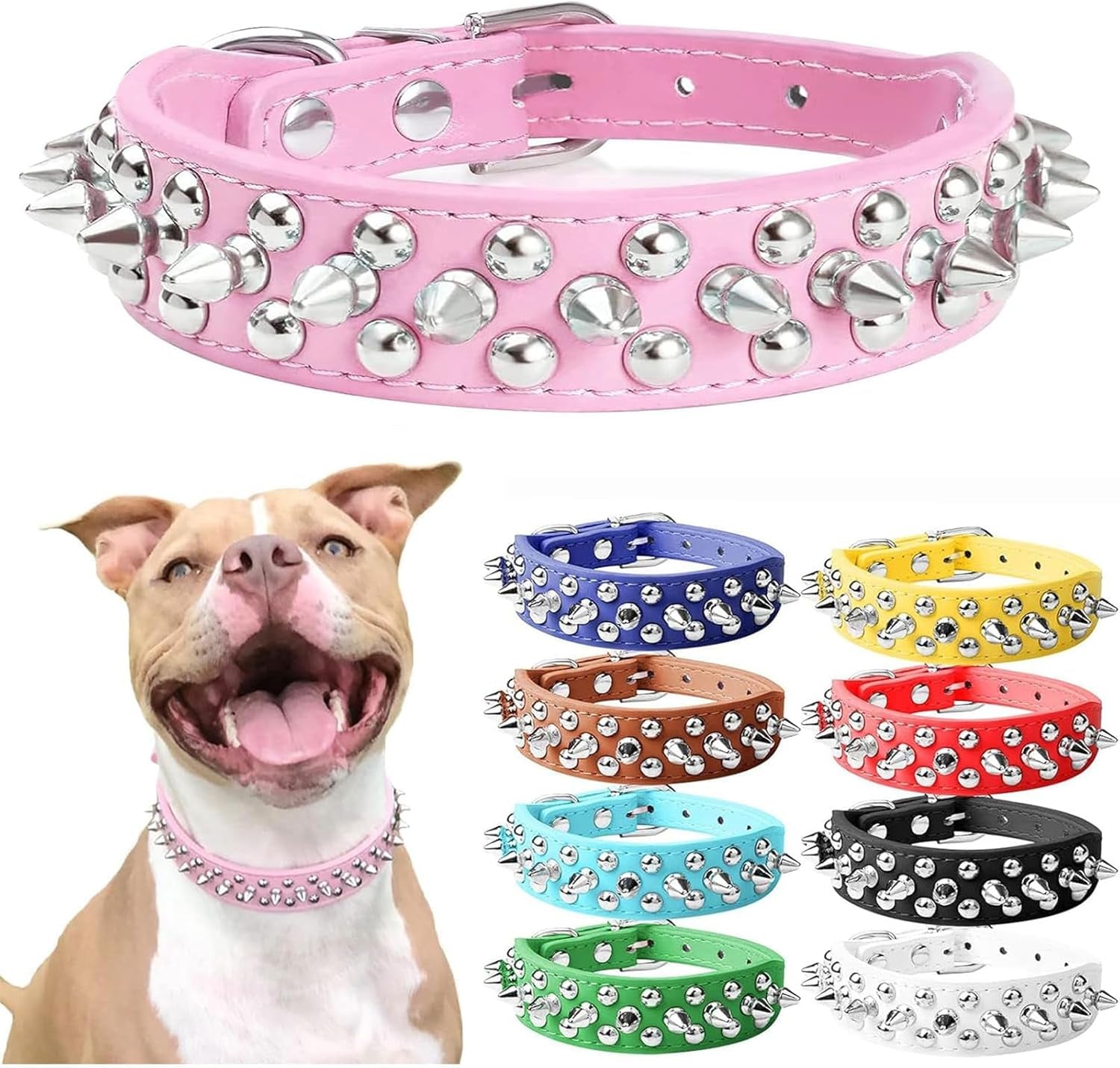 Small Pink Spiked Dog Cat Collar for Small Medium Dogs Girl Female - Adjustable Studded Puppy Collars - Soft Padded Punk Leather Dog Collar for Chihuahua French Bulldog Pug (Pink,L)