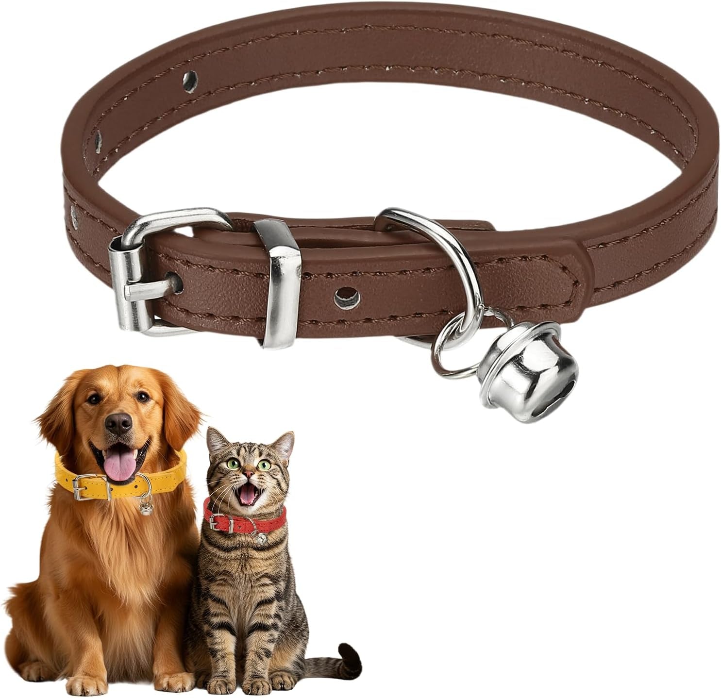 Dog Collar with Bell, Pu Leather Cat Collars Pet Basic Soft Padded Adjustable Buckle, 14.5" (Blue, 1 Pcs), Intended for Teacup/Little Dog/Kitten Cats/Small Animals