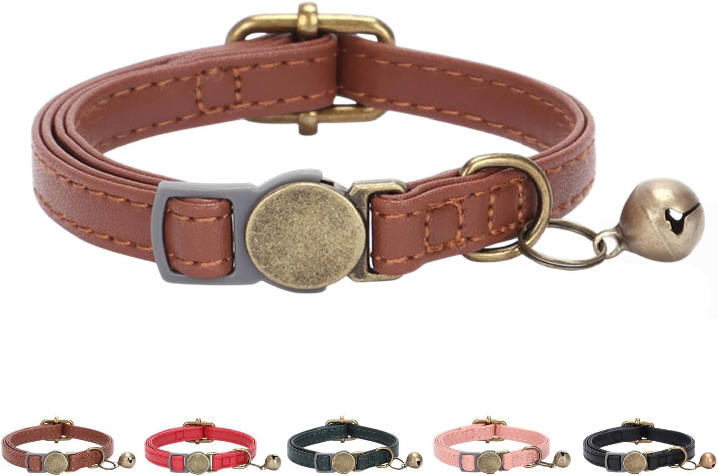 Leather Cat Collar with Bell Breakaway- Adjustable, Durable, Retro Bell Fit Most Cats and Kittens (Brown)